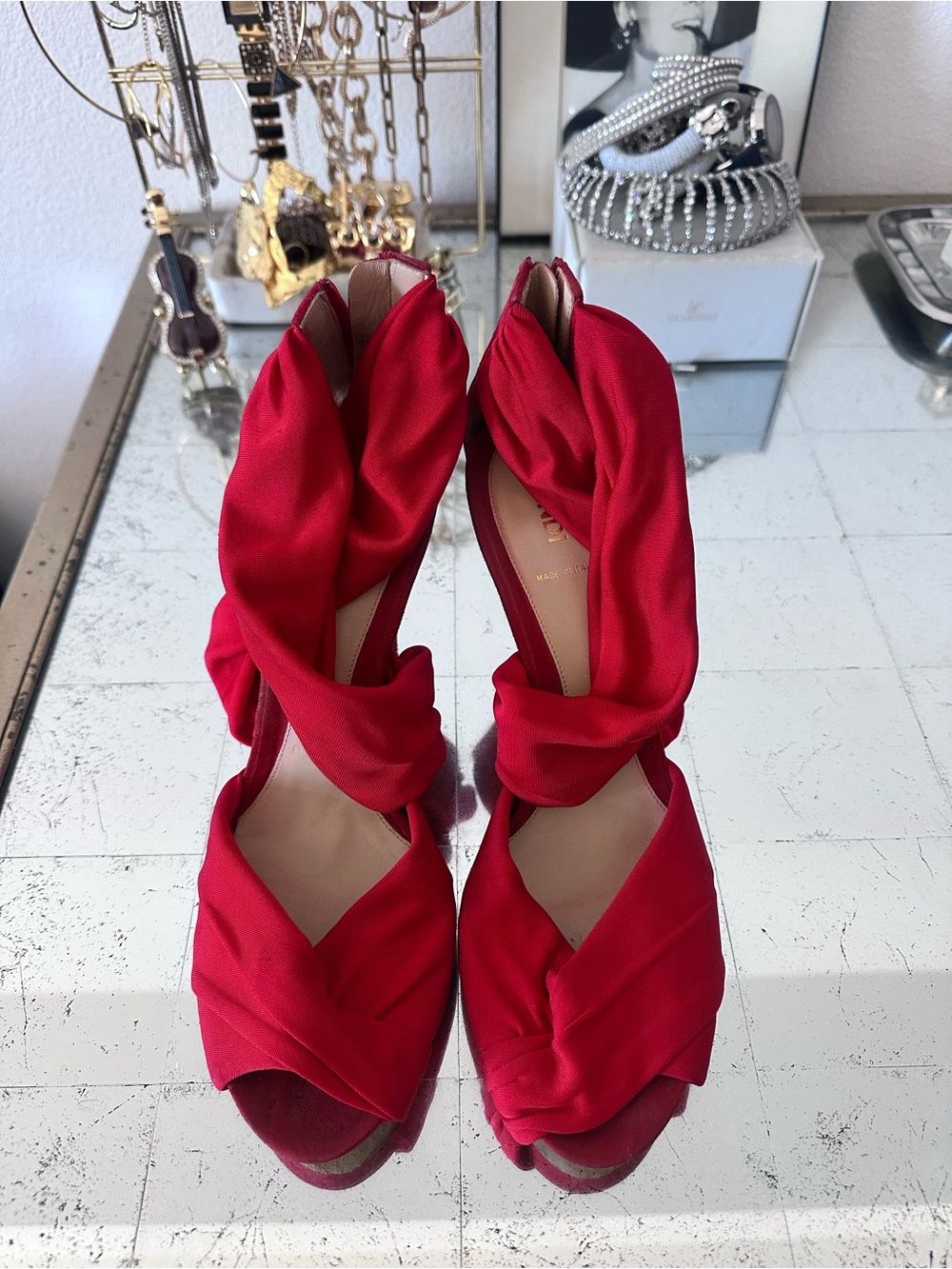 Fendi Red Twisted Satin Peep-Toe Heels